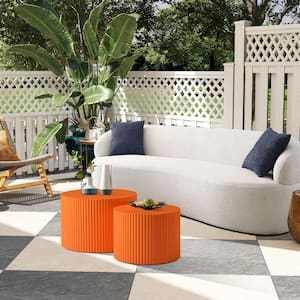 Orange 23.62 in. Nesting Table Handcrafted Relief MDF Outdoor Coffee Tables and 18.9 in. Small Side Table Set of 2