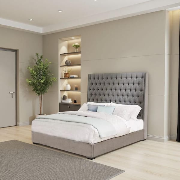 Benjara Gray Wood Frame King Size Panel Bed with Button