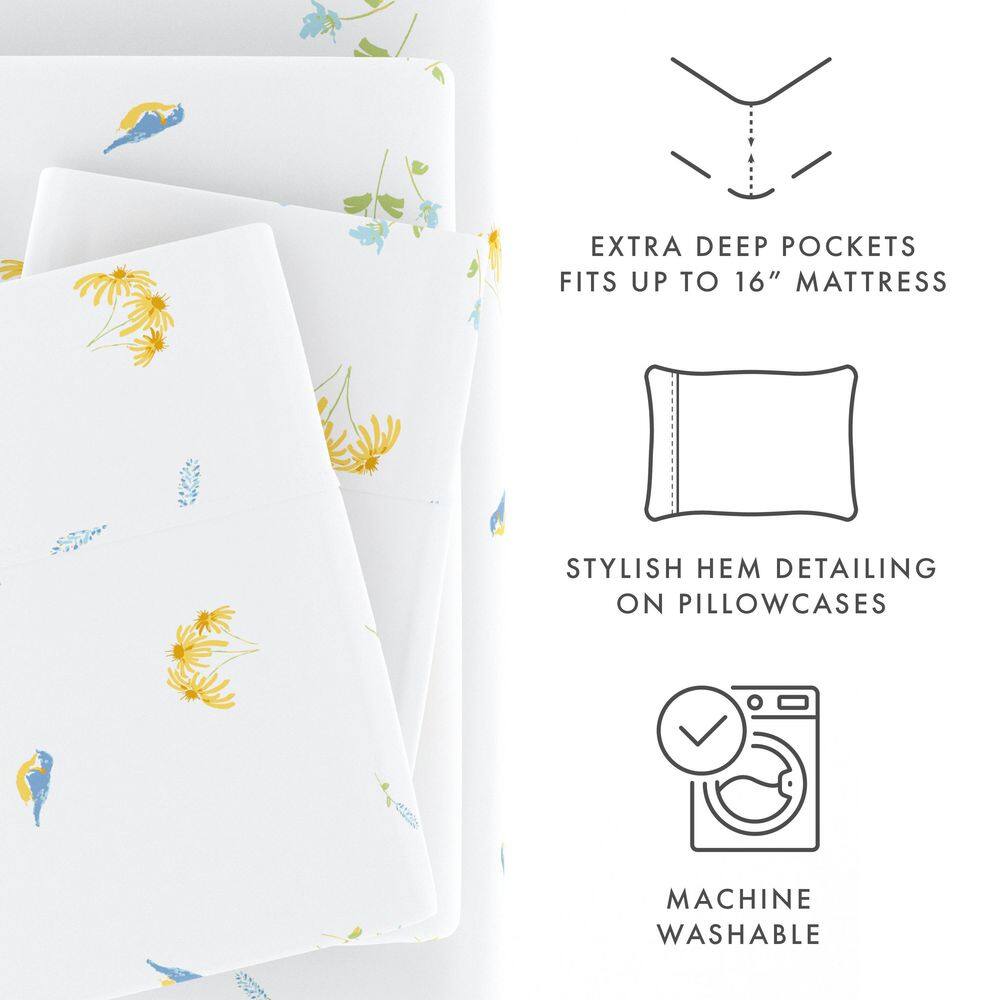 King Blue Floral Microfiber Sheet Set with Pillowcases