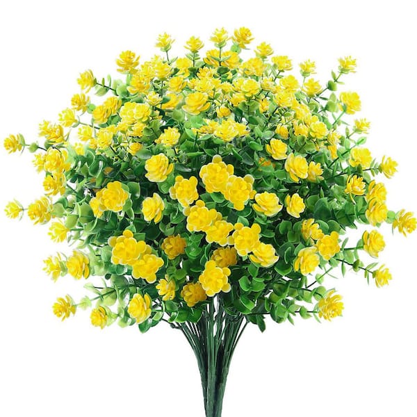 11.5 in. Yellow Indoor/Outdoor Artificial Eucalyptus Flower-UV Resistant Faux Plastic Plants (6 Bundles)