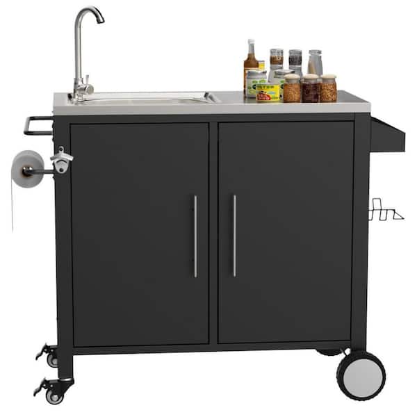38 in. 304 Stainless Steel Built-In Outdoor Kitchen Grill Cart with Sink, Storage Cabinet, Wheels BBQ Prep Station