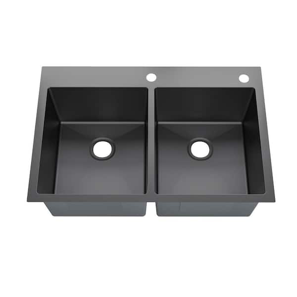 33 in. Drop-In Double Bowl 18-Gauge Black 304 Stainless Steel Workstation Kitchen Sink
