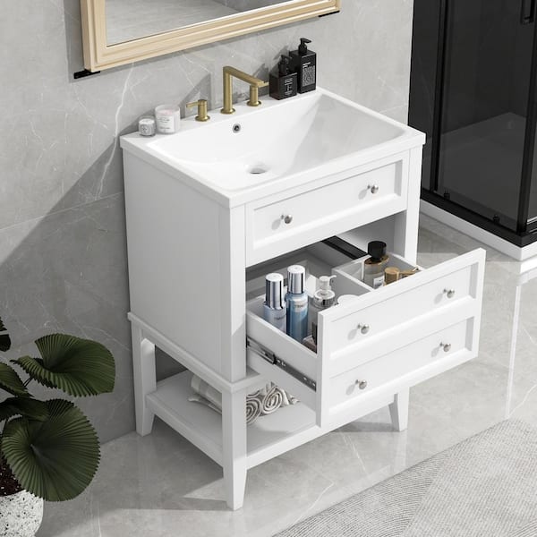 24 in. W x 18 in. D x 34.2 in. H Freestanding Bath Vanity in White with White Ceramic Top Single Basin Sink