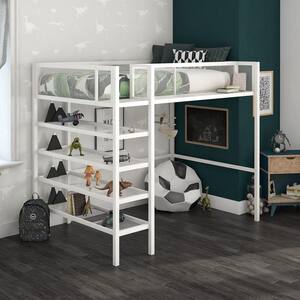 Tessa White Metal Twin Storage Loft Bed with Bookcase