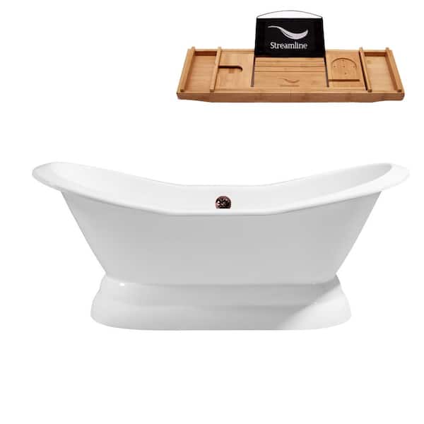 Streamline 72 in. Cast Iron Flat Bottom Non-Whirlpool Bathtub in Glossy White with Matte Oil Rubbed Bronze External Drain and Tray