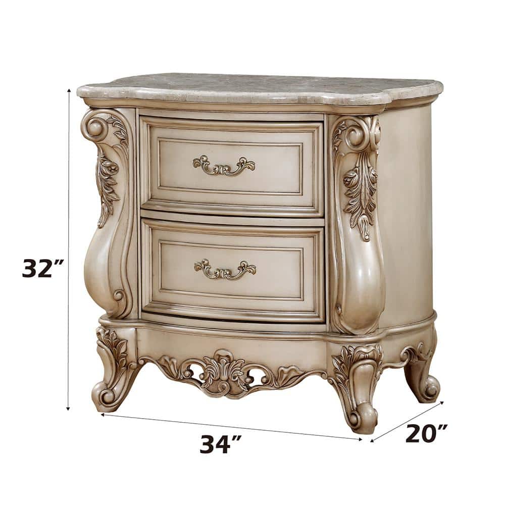 Gorsedd Antique Champagne 2-Drawer Nightstand with Marble Top