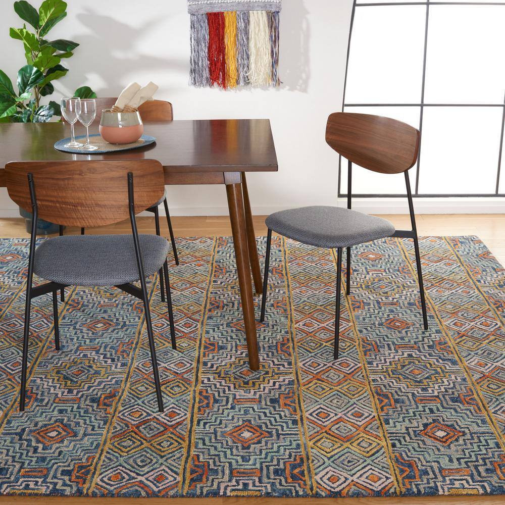 Handmade Blue and Gold Tufted Wool Square Rug, 6' x 6'