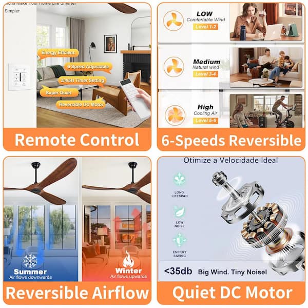 72 in. Modern Black Downrod Ceiling Fan, 3 Solid Wood Brown Blades, Remote Control & Wall Switch, 6-Speed, Without Light