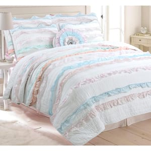 Dainty Spring Floral Pastel Ruffle Bloomer Pink Blue Peach Cotton Queen Quilt Bedding Set with 1-Decor Throw Pillows