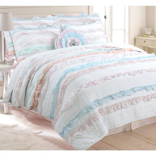 Cozy Line Home Fashions Dainty Spring Floral Pastel Ruffle Bloomer Pink Blue Peach Cotton Queen Quilt Bedding Set with 1-Decor Throw Pillows