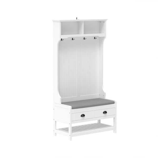 35 in. W x 16.50 in. D x 67.75 in. H White Wood Linen Cabinet with Hall Tree, Storage Bench and 4-Hooks