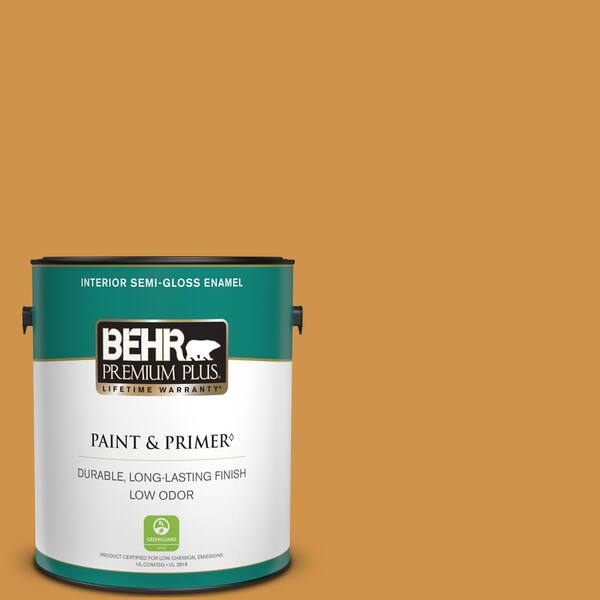 BEHR PREMIUM PLUS 1 gal. #M260-6 Sweet Mustard Semi-Gloss Enamel Low Odor Interior Paint & Primer