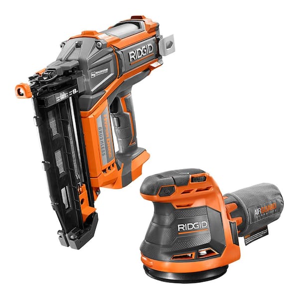 18V Brushless Cordless 16-Gauge 2-1/2 in. Straight Finish Nailer with 18V Cordless 5 in. Random Orbit Sander (Tool Only) RIDGID