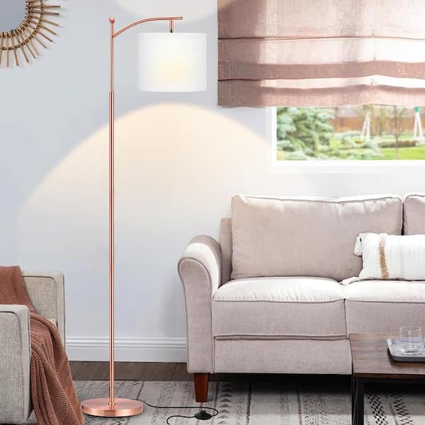 60 in. Rose Gold 1-Light Lantern Floor Lamp with Linen Shade and 9W LED Bulb Included