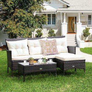 3-Piece Back Wicker Patio Conversation Set with White Cushions