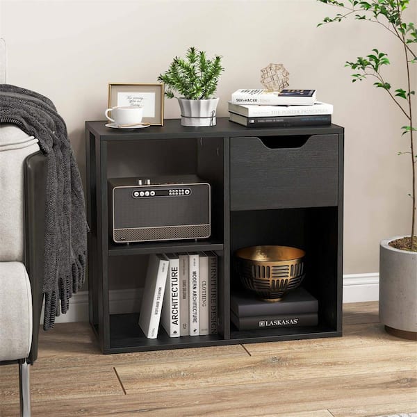 Costway 21 in. Tall Black Engineered Wood 3-Shelf Bookcase with Pull-Out Drawer