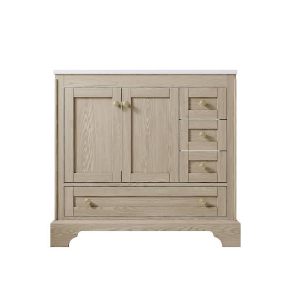 Modern 36 in. Solid Wood Single Sink Freestanding Oak Bath Vanity with White Ceramic Top