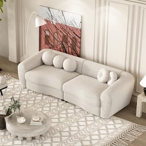 87.7 in Wide Round Arm Polyester Teddy Fabric Modern Curved Sofa in. Beige with 5 Throw Pillows