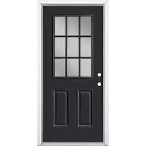36 in. x 80 in. 9-Lite Left Hand Inswing Jet Black Painted Steel Prehung Front Exterior Door with Brickmold