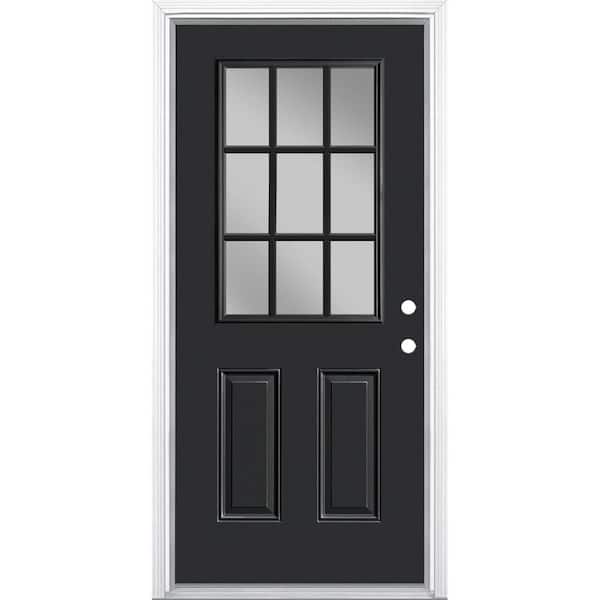 Masonite 36 in. x 80 in. 9-Lite Left Hand Inswing Jet Black Painted Steel Prehung Front Exterior Door with Brickmold