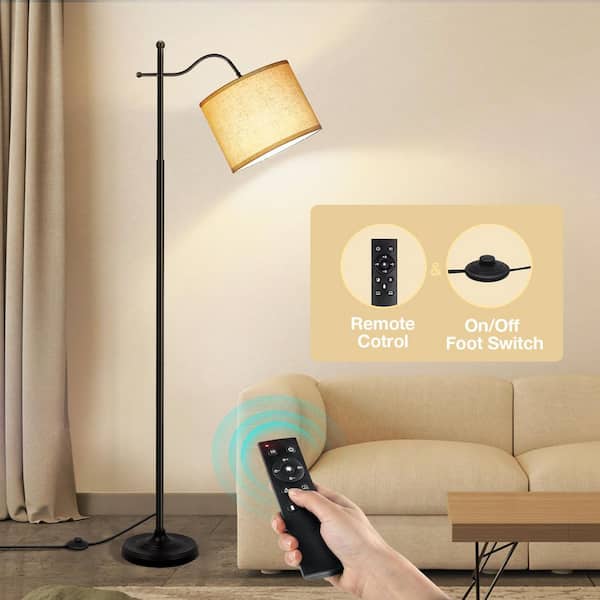 67 in. Classic Black Mid-Century Modern 1-Light LED Energy Efficient Arc Floor Lamp w/Beige Fabric Drum Shade & Remote