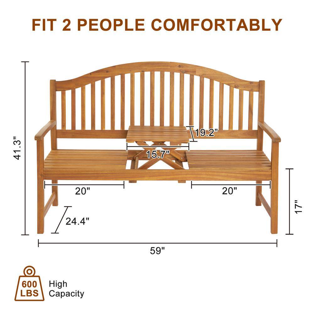 59" Rustic Acacia Wood Outdoor Bench with Pop-Up Table