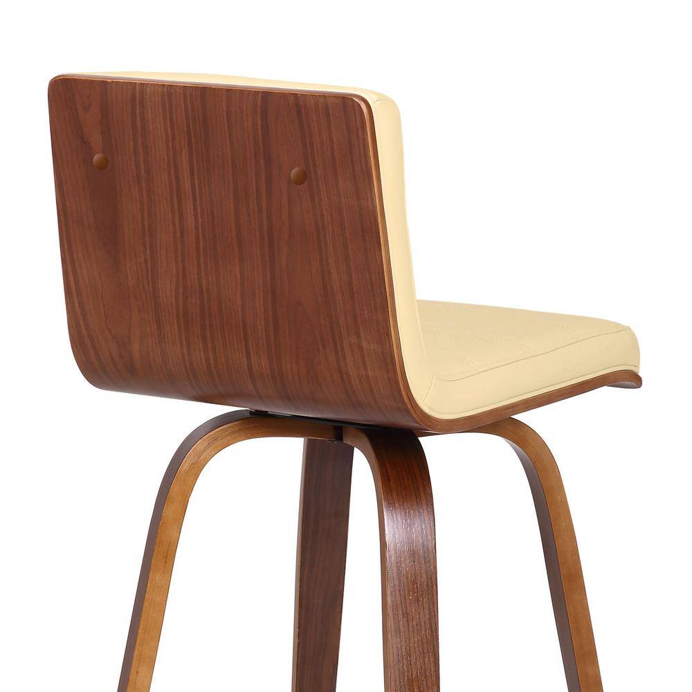 26" Cream Faux Leather and Walnut Wood Swivel Bar Stool