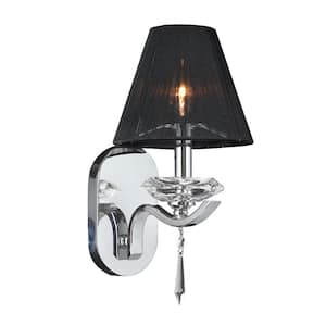 Gatsby Collection 1-Light Chrome Crystal Wall Sconce with Black String Shade