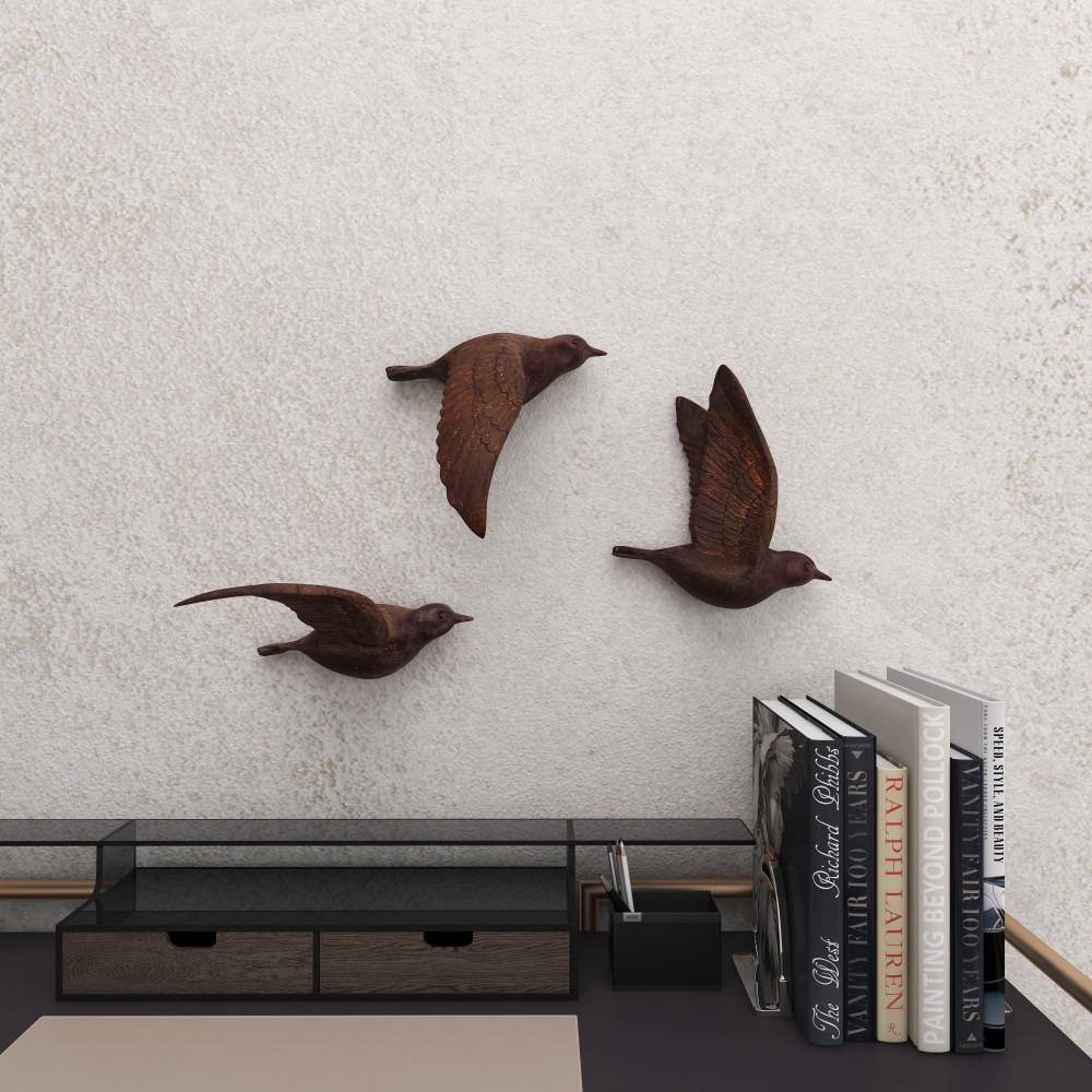 Brown Metallic 3D Sculpted Bird Wall Decor Set