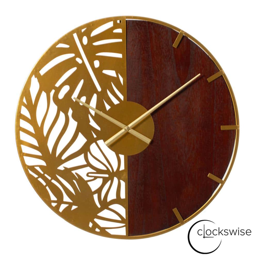 24" Brown Wood and Gold Metal Leaf Cutout Oversized Wall Clock