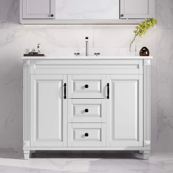 42 in. New White Wood Single Sink Freestanding Bathroom Vanity with White Marble Top(Assembled)