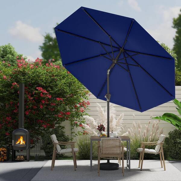 9 foot blue patio umbrella 9ft with Base and Remote Control, lift handle making it easy to open and close the canopy Augbeer 9 ft. Patio Umbrella