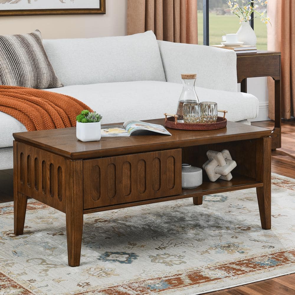 Mid Century 39.38 in. Walnut Rectangle MDF Fluted Coffee