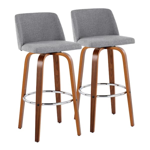 Lumisource Toriano 29.5 in. Grey Fabric, Walnut Wood and Chrome Metal Fixed-Height Bar Stool (Set of 2)