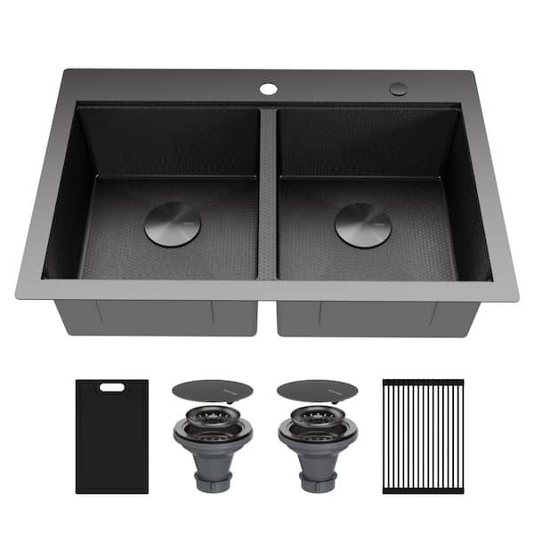 Matrix 33 in. Drop-In 50/50 Double Bowl 16 Gauge Gunmetal Grey Stainless Steel Workstation Kitchen Sink