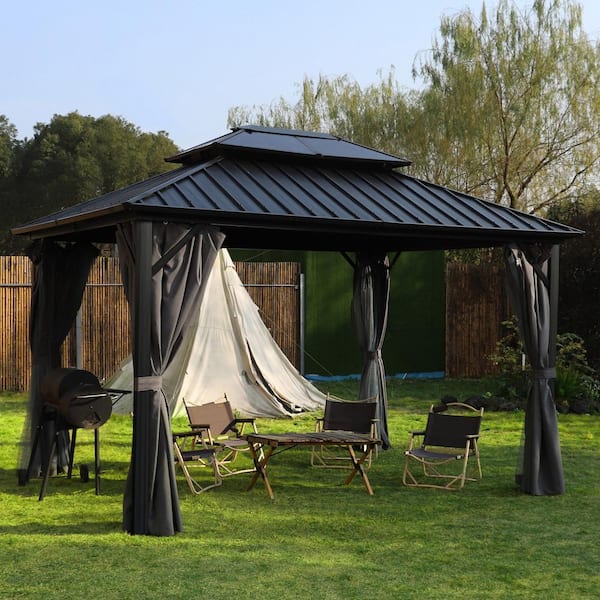 VEIKOUS 12 ft. W x 10 ft. D Hardtop Gazebo Aluminum Double Roof Metal Gazebo with Curtain and Netting