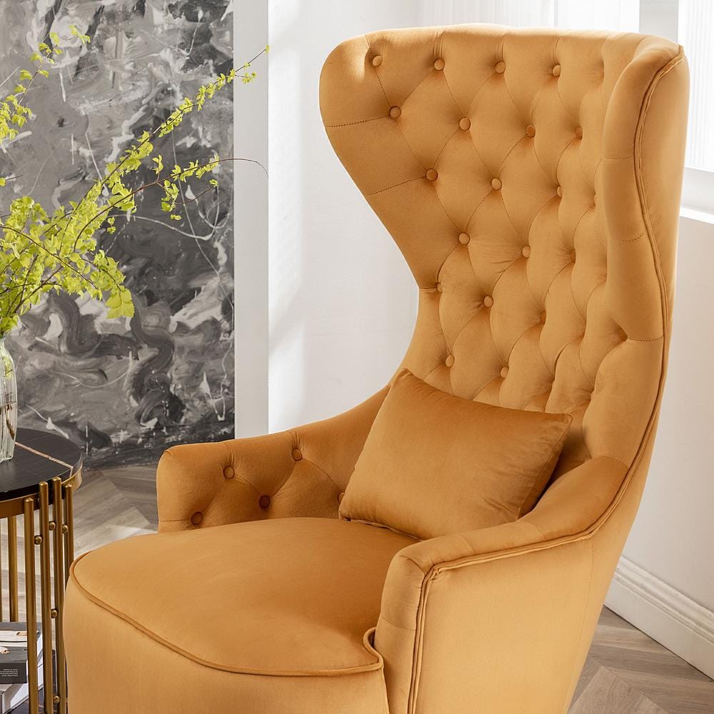 Camel Velvet Tufted Wingback Accent Chair with Gold Legs