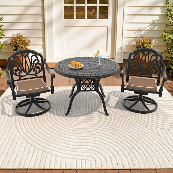 Elizabeth 3-Piece Cast Aluminum Patio Outdoor Dining Set with Round Dining Table, 2 Swivel Chairs and 2 Brown Cushions