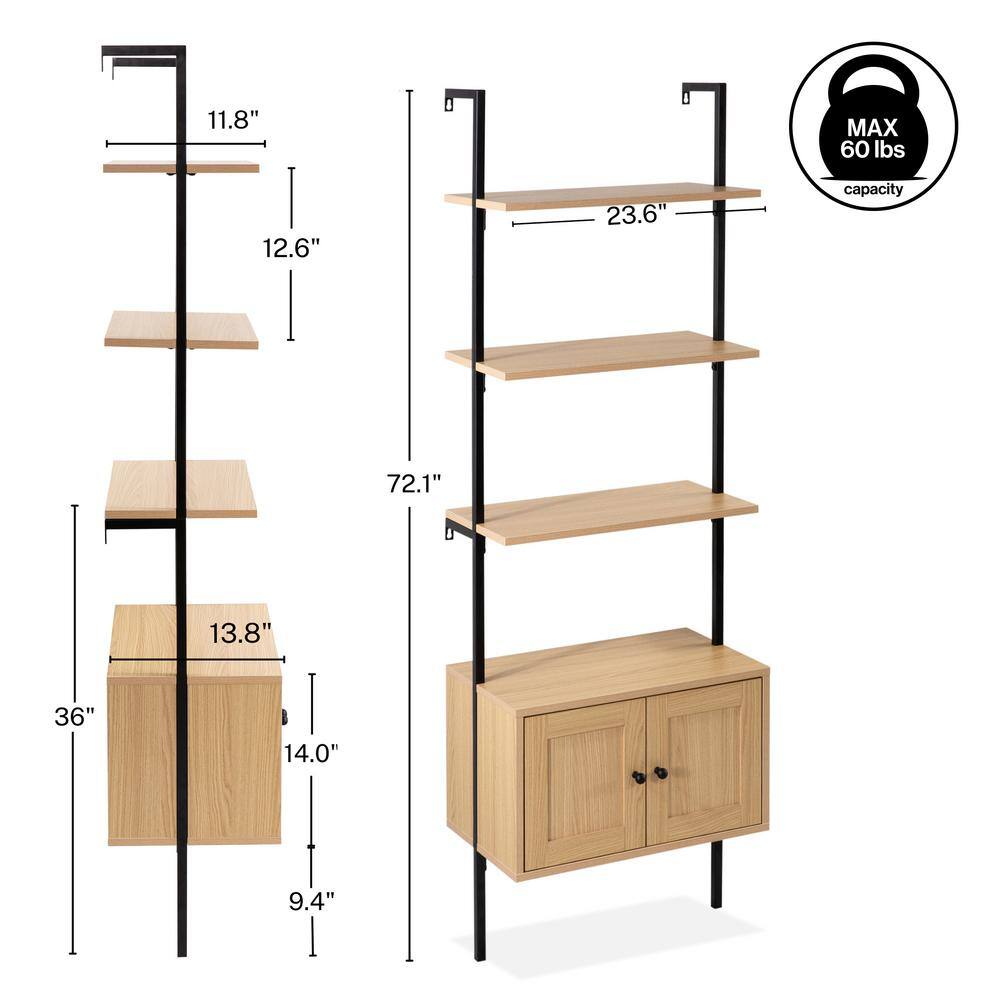 Light Oak and Black Wall-Mounted Ladder Bookcase with Cabinet