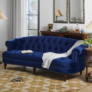 La Rosa 85 in. Navy Blue Velvet 3-Seater Chesterfield Sofa with Nailheads