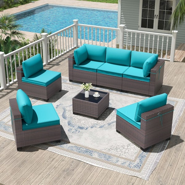 7-Piece Brown Wicker Outdoor Sectional Set with 6-Seats, Adjustable Feetpad and Cushion Turquoise