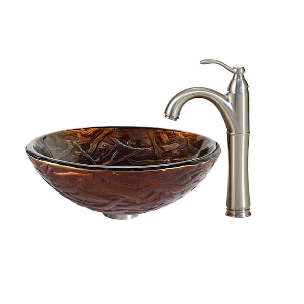 KRAUS Dryad Glass Vessel Sink in Brown with Riviera Faucet in Satin Nickel
