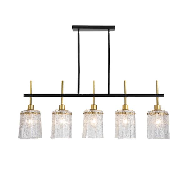 Adjustable Height Black and Gold 5-Light Linear Chandelier Light w/ Textured Glass Cylinder Shade, E26 Bulb Not Included