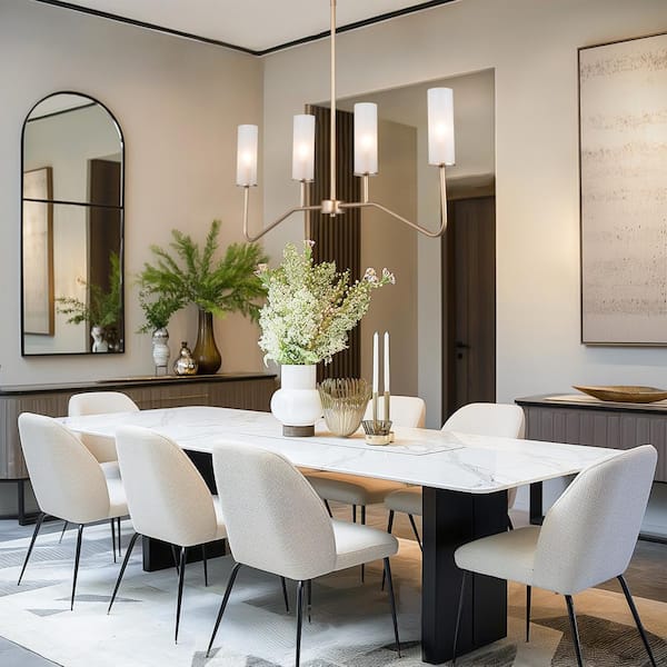 32 in. Modern Chandelier 4-Light Brass Gold Transitional Linear Chandelier with White Frosted Glass Shades