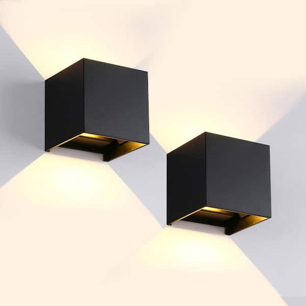 4 in. 2-Light Matte Black Aluminum Cube LED Outdoor Hardwired Wall Lantern Sconce with Adjustable Light Beam (2-Pack)