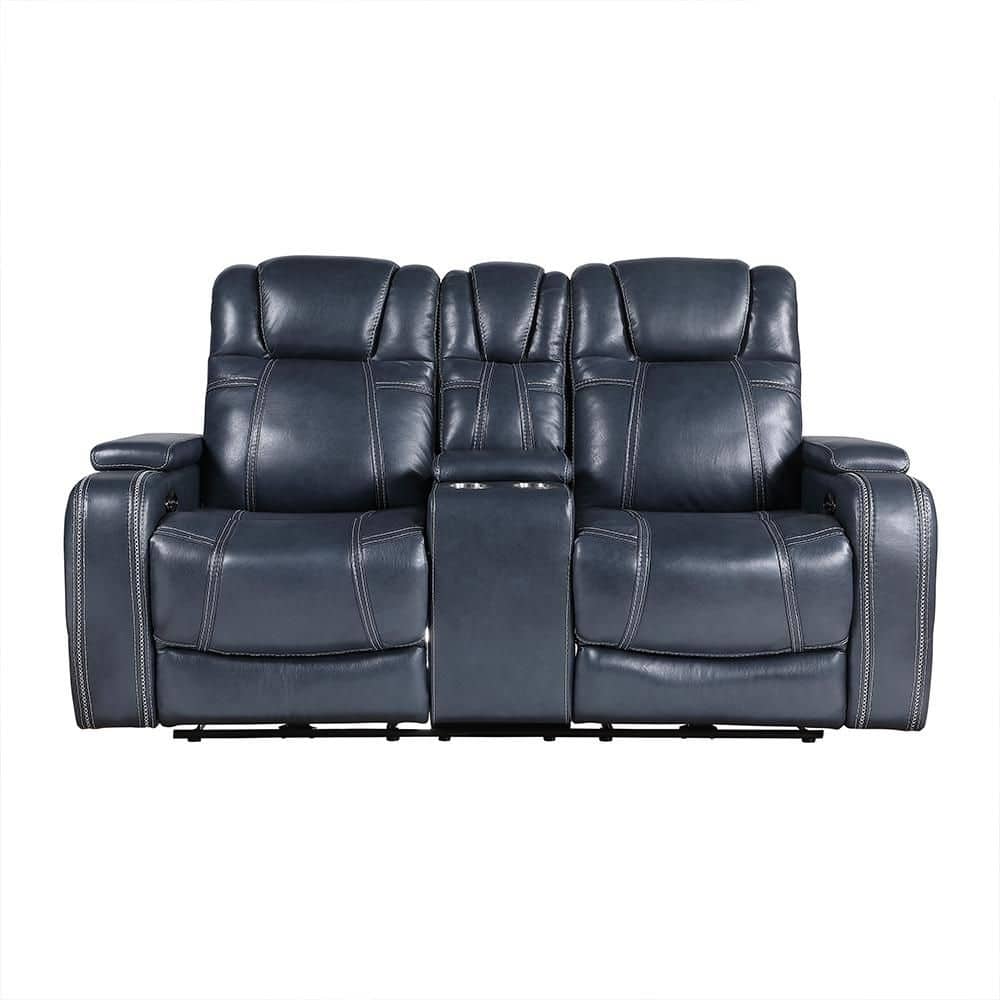 Lafael 74 in. W Blue Leather 2-Seater Power Double Reclining Loveseat with 