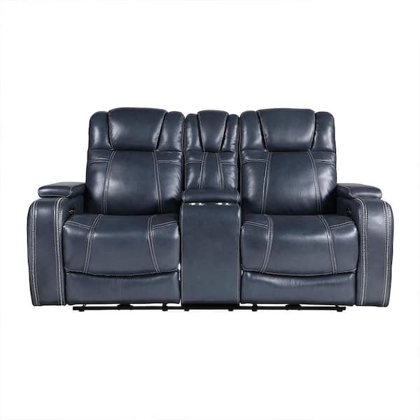 Lafael 74 in. W Blue Leather 2-Seater Power Double Reclining Loveseat with Center Console