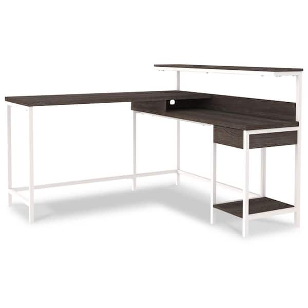 Dorrinson 55.13 in. L-Shaped Brown/White Engineered Wood 1-Drawer Home Office Desk with Shelves