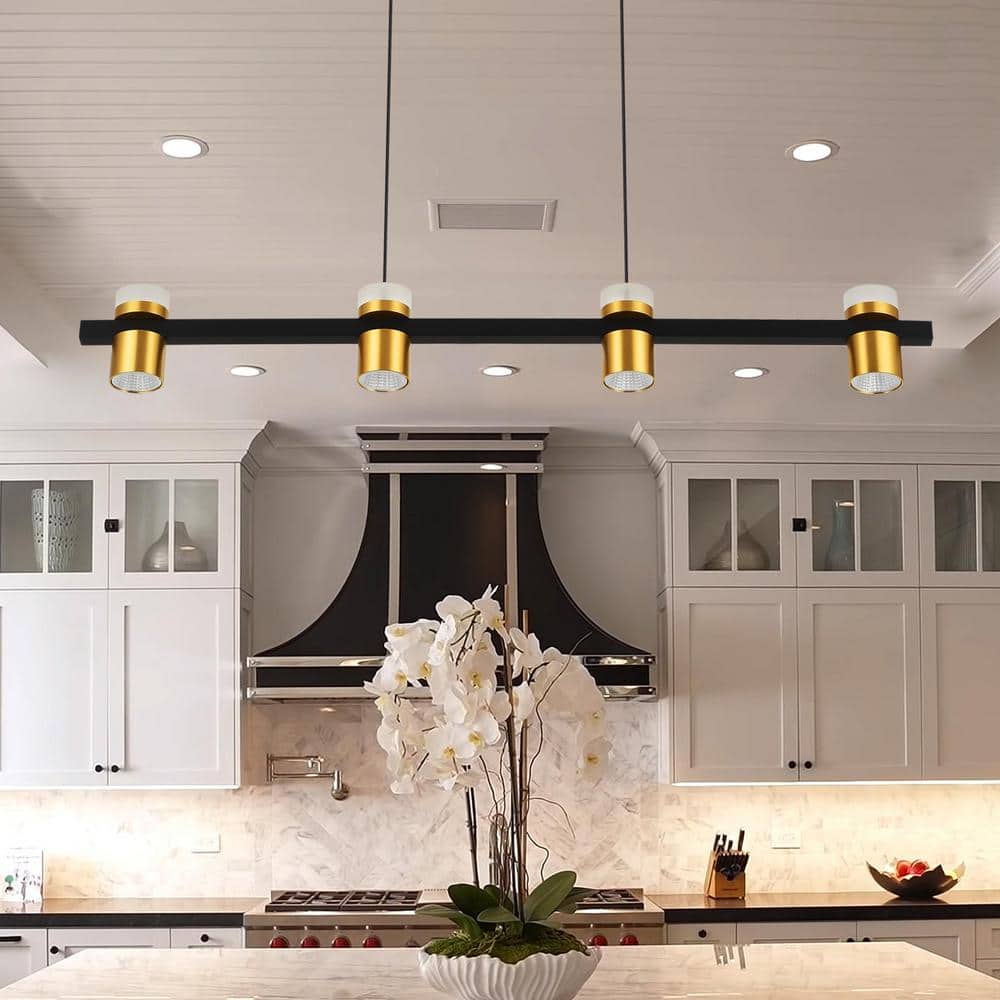 Ferro 34" Black Crystal LED Linear Chandelier with Gold Spotlights