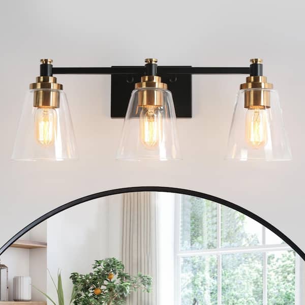 Zevni 21 in. 3-Light Brass-Plated Bathroom Vanity Light, Cone Clear Glass Bath Lighting, Black Industrial Indoor Wall Sconce